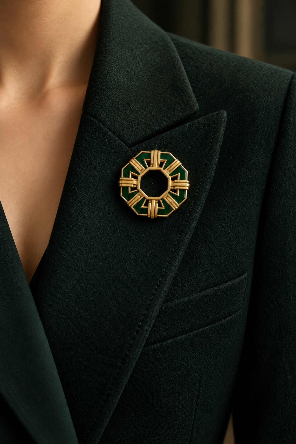 Quorum Crest geometric brooch styled on a dark tailored lapel