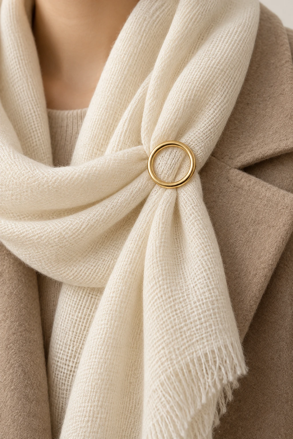 Orbit Outline gold-color circular brooch styled on an ivory scarf