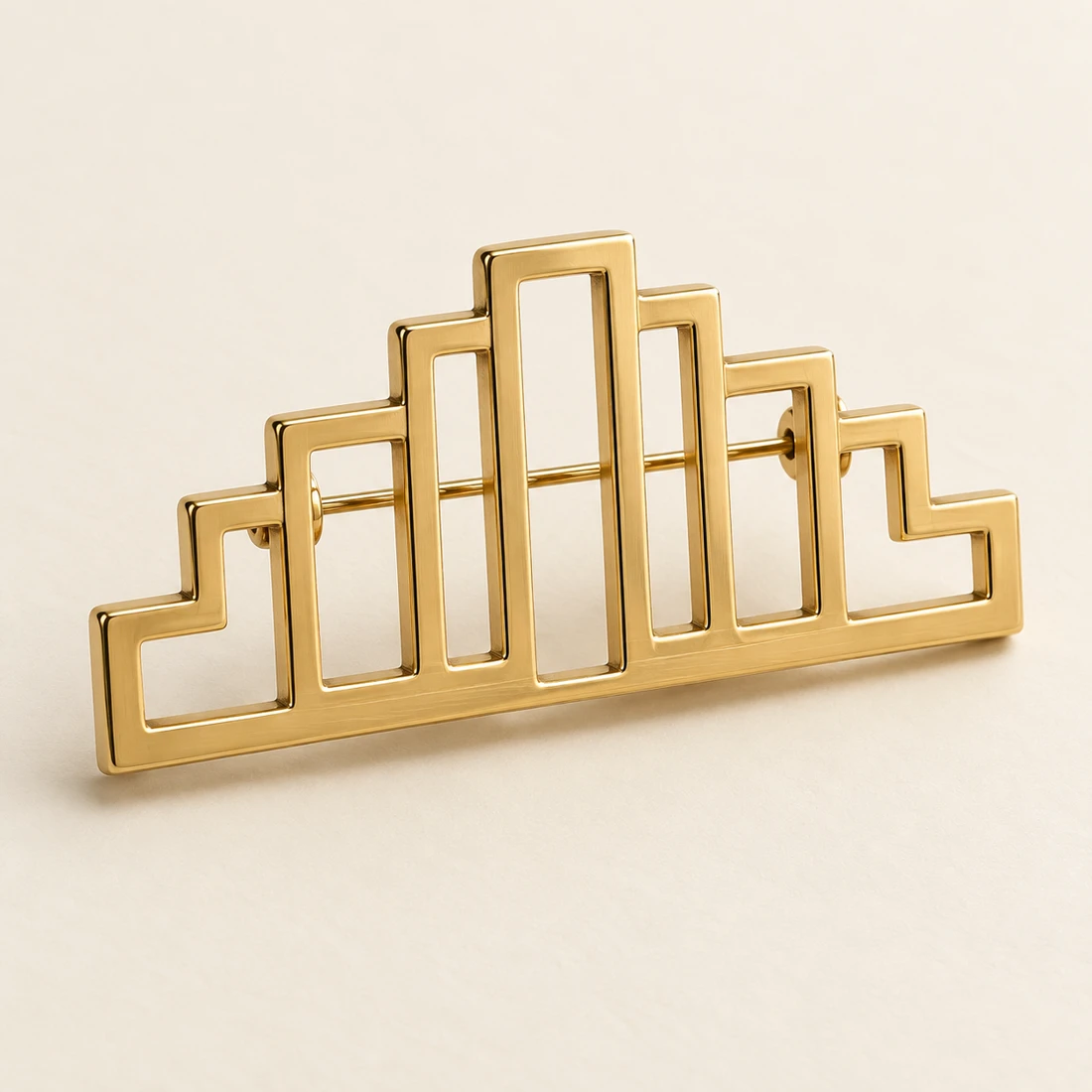 Stepped Horizon Brooch, gold, geometric openwork design