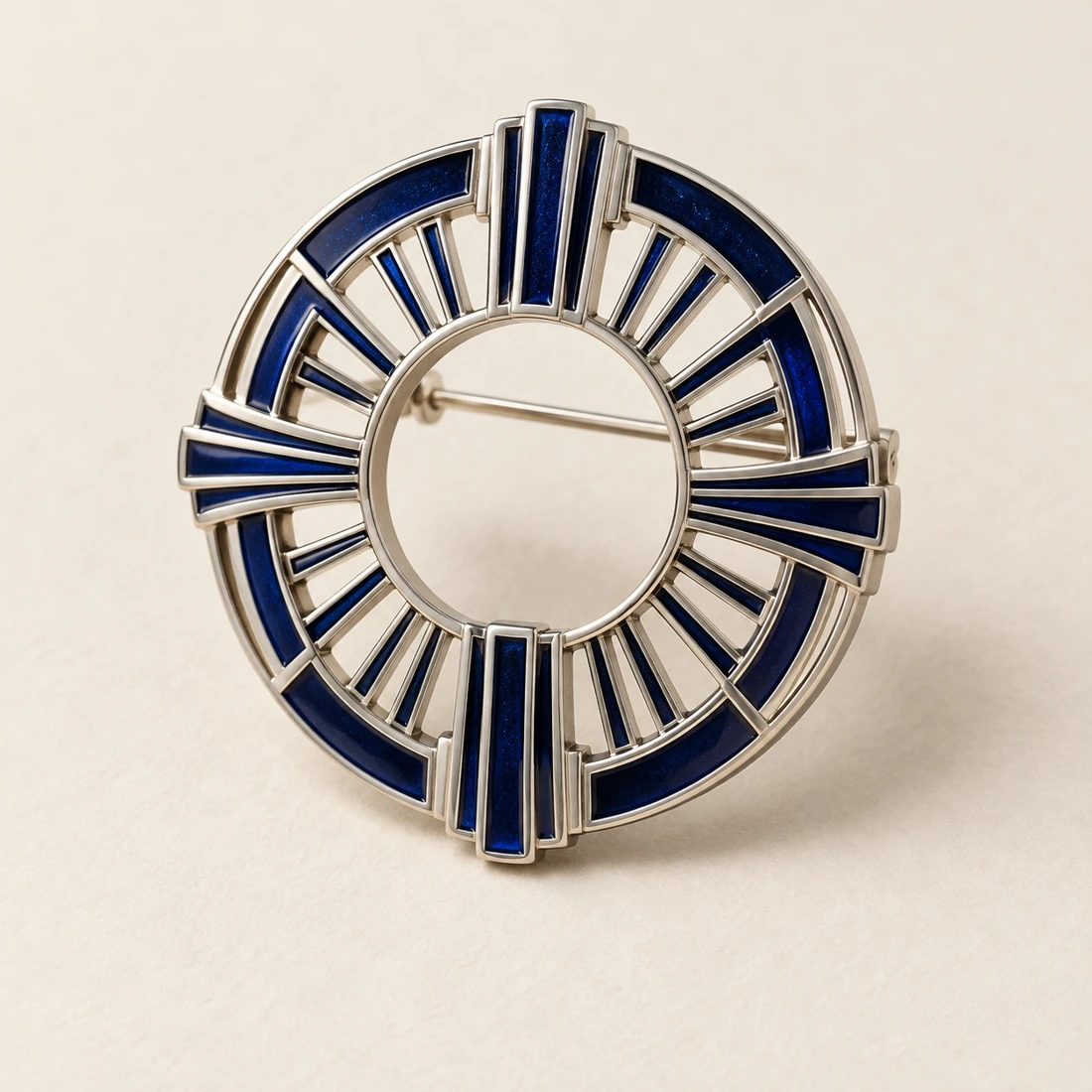 Celestial Gate Brooch, silver / blue, geometric openwork design